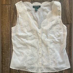 Ralph Lauren Women’s Eyelet Top Cream Cotton Lace Sleeveless Top Small petite